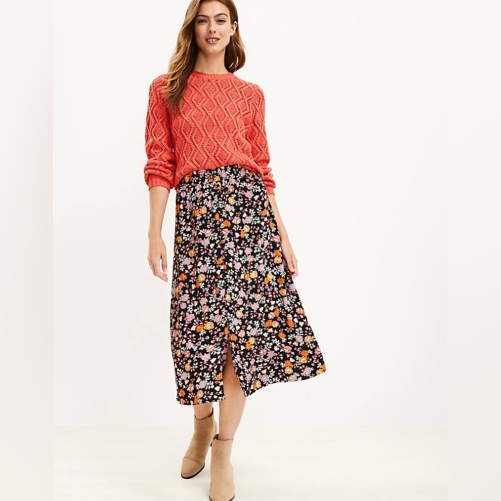 LOFT Floral Button Pull On Midi Skirt XSP